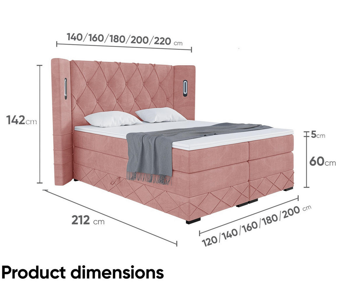 BOXSPRINGBETT Manuel - Schwarz/Rosa, Holzwerkstoff/Textil (140/200cm) - Meblini