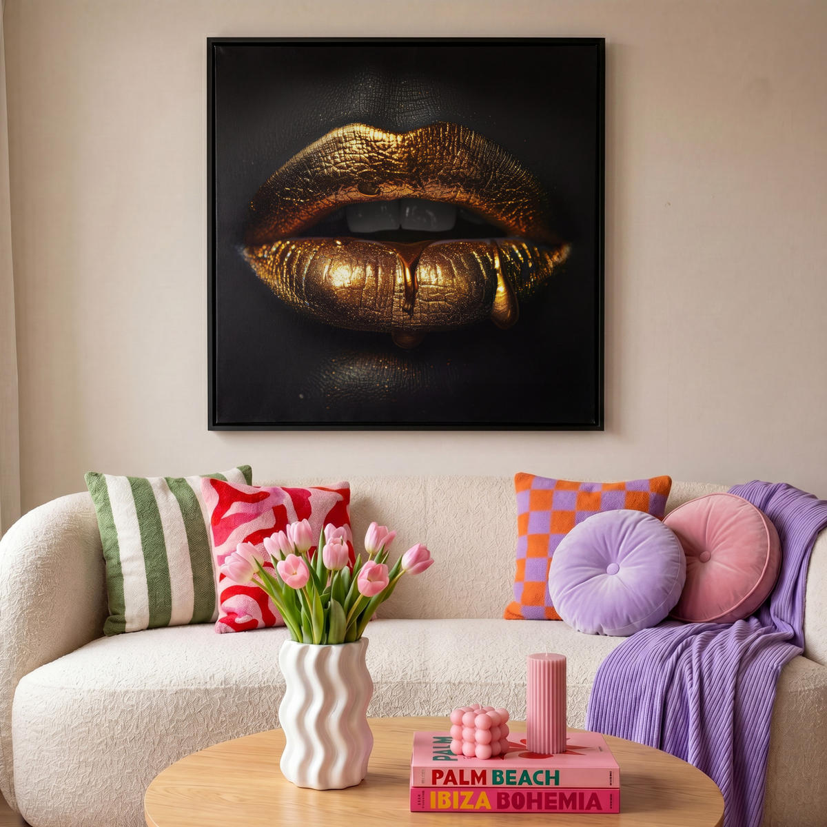 LEINWAND Bilder mit Rahmen - Frau - Porträt - Lippen - Gold - Schwarz - 90x90 - Schwarz, Textil (90/90cm) - MuchoWow