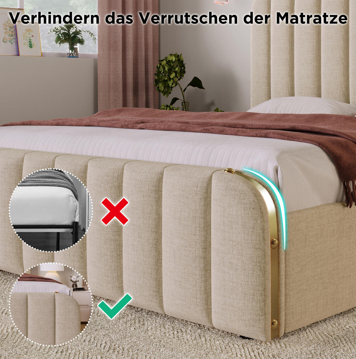 TAPECIRANI krevet 140/200 cm s madracem, USB i Type-C priključkom te 4 ladice, Bež - bež, tekstil (140/200cm) - Redom