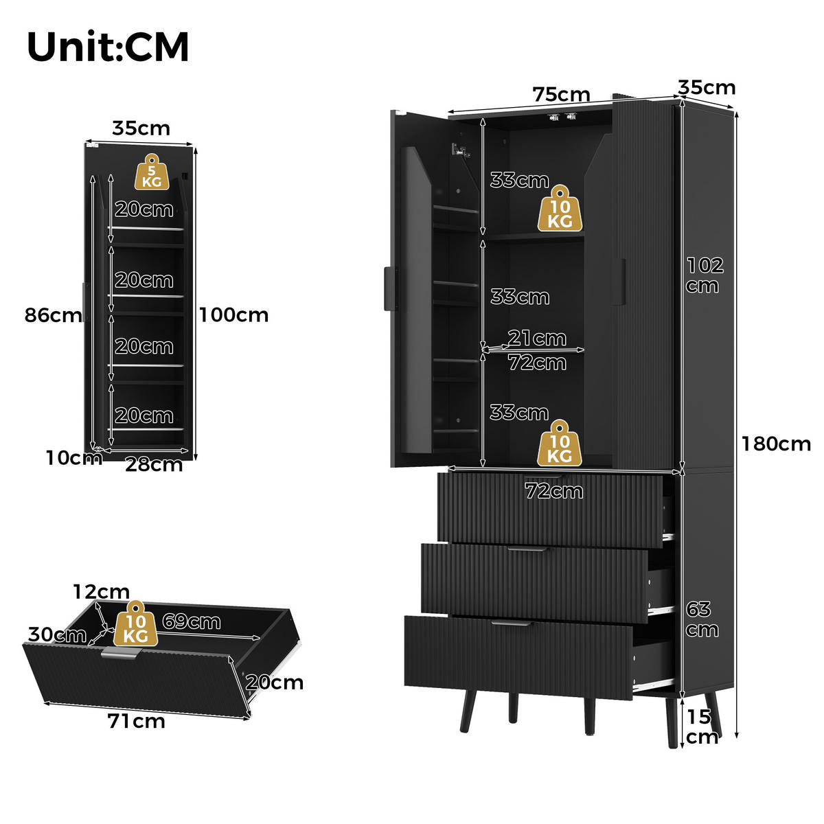 HIGHBOARD DE-38756 75/35/180 cm 2 Türen und 3 Schubladen Schwarz - Schwarz, Holzwerkstoff (75/180/35cm) - ComfortXL