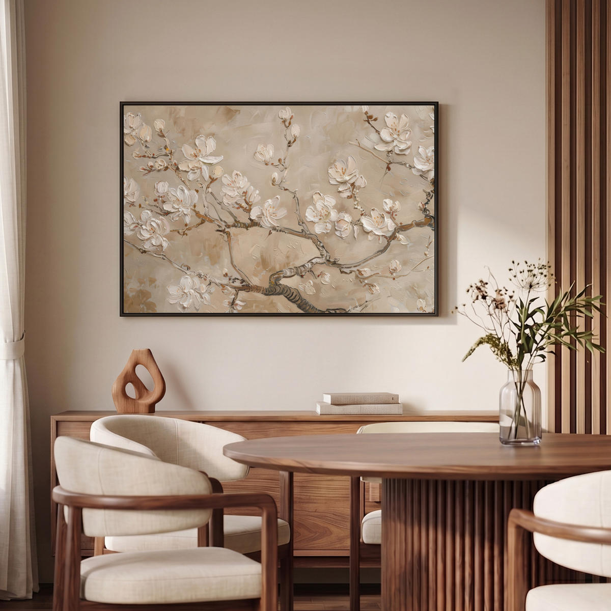 LEINWAND Bilder mit Rahmen - Blumen - Modern - Beige - Weiß - Blüte - 90x60 - Beige, Textil (90/60cm) - MuchoWow