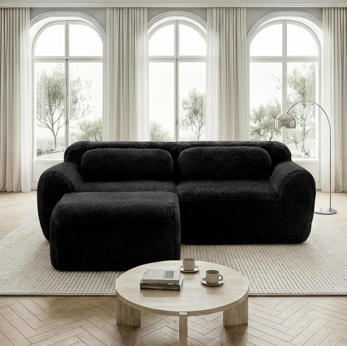 ECKSOFA aus Plüsch in Schwarz mit modularem Design - Schwarz, Textil (179/73/204cm) - Modfu