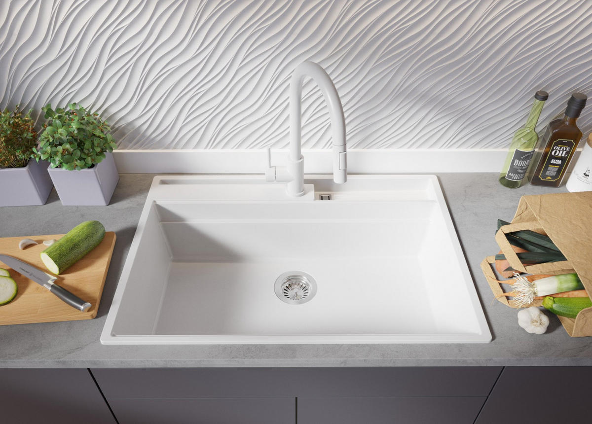 GRANITSPÜLE Oslo Pocket, 2-er set Weiß 78/53 cm 1 Becken + Küchenarmatur 40/20 cm + Ablauf-Set + Küchenzubehörset ab 80er Unterschrank - Chromfarben/Beige, Kunststoff (78/20/53cm) - Primagran