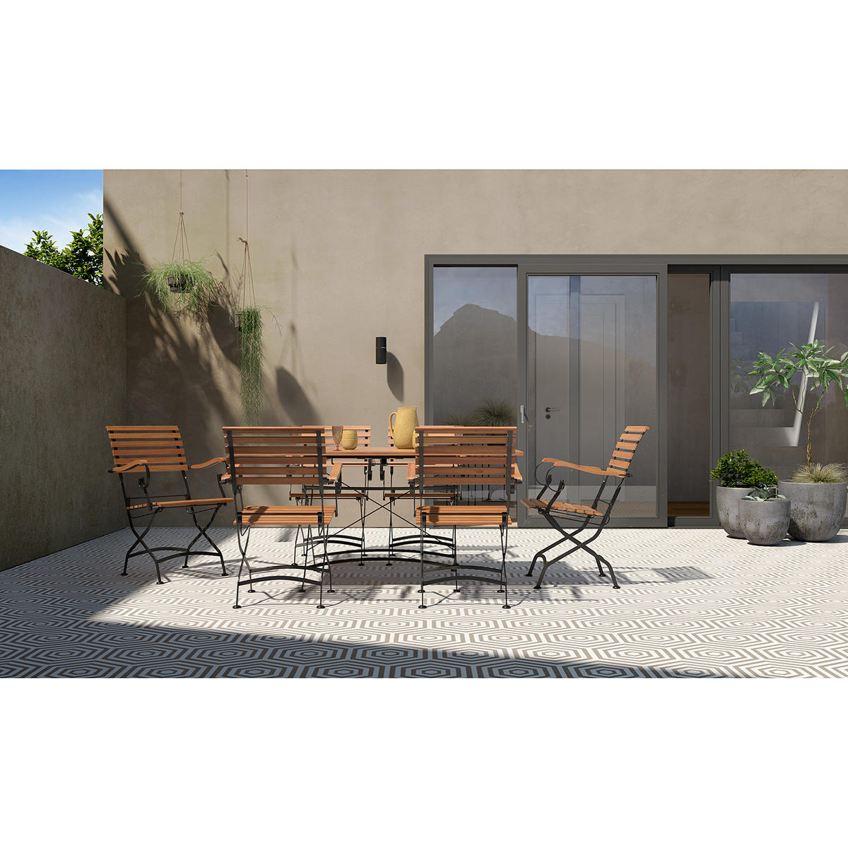 GARTENESSGRUPPE - Akazie massiv / Stahl - Akazie / Schwarz - 7-teilig - Schwarz/Akaziefarben, Holz/Metall - home24