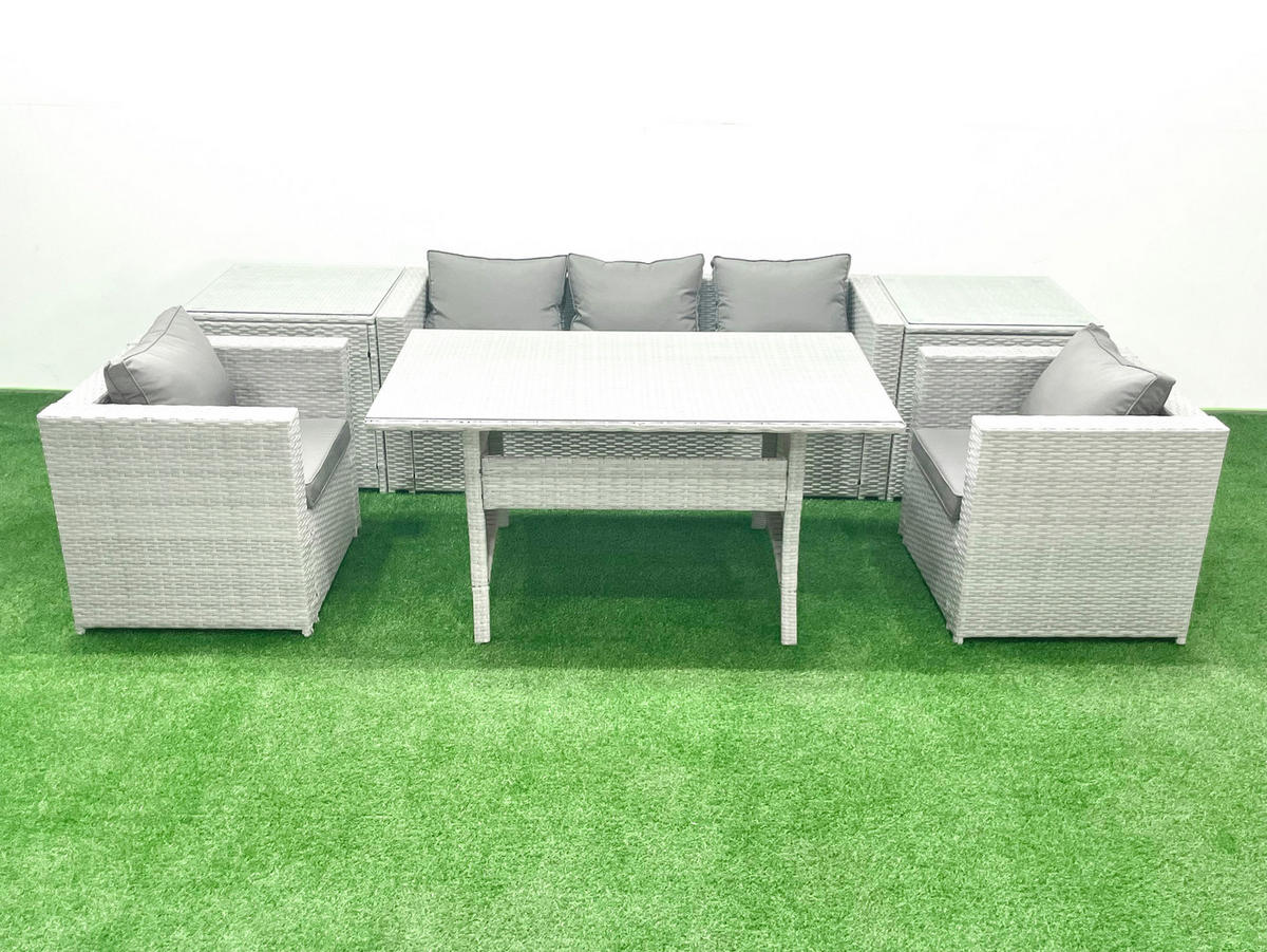 GARTENMÖBEL SET mit Sofa,2 Beistelltischen Polyrattan Hellgrau 5-Sitzer - Hellgrau/Grau, Glas/Kunststoff - Fimous