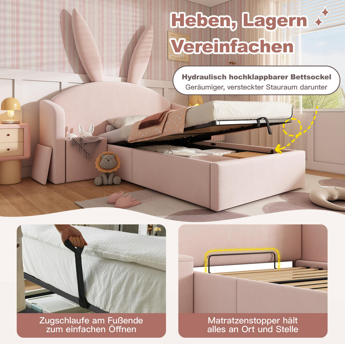 POLSTERBETT 90/200 cm mit Hasenohren, Nachttisch und hydraulischem Stauraum, Rosa - Rosa, Textil (90/200cm) - Redom
