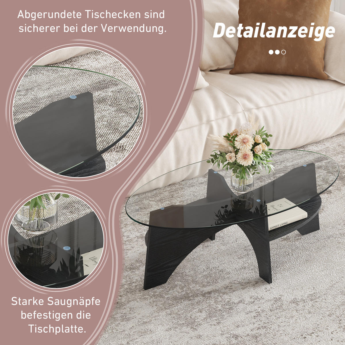 BEISTELLTISCH 104,9/60/35,6 cm in Schwarz/Transparent aus Glas und MDF - Schwarz, Holzwerkstoff (104.9/60/35.6cm) - Flora Grace
