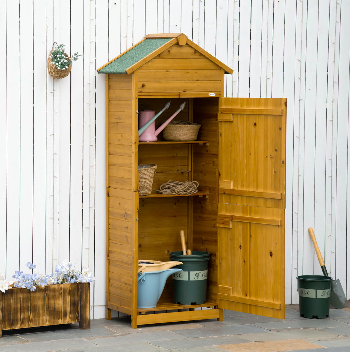 GARTENSCHRANK 49/79/191,5 cm mit 2 Türen, 2 Regalböden und wetterfestem Bitumendach, Naturholz - Naturfarben, Holz (49/191.5/79cm) - Redom