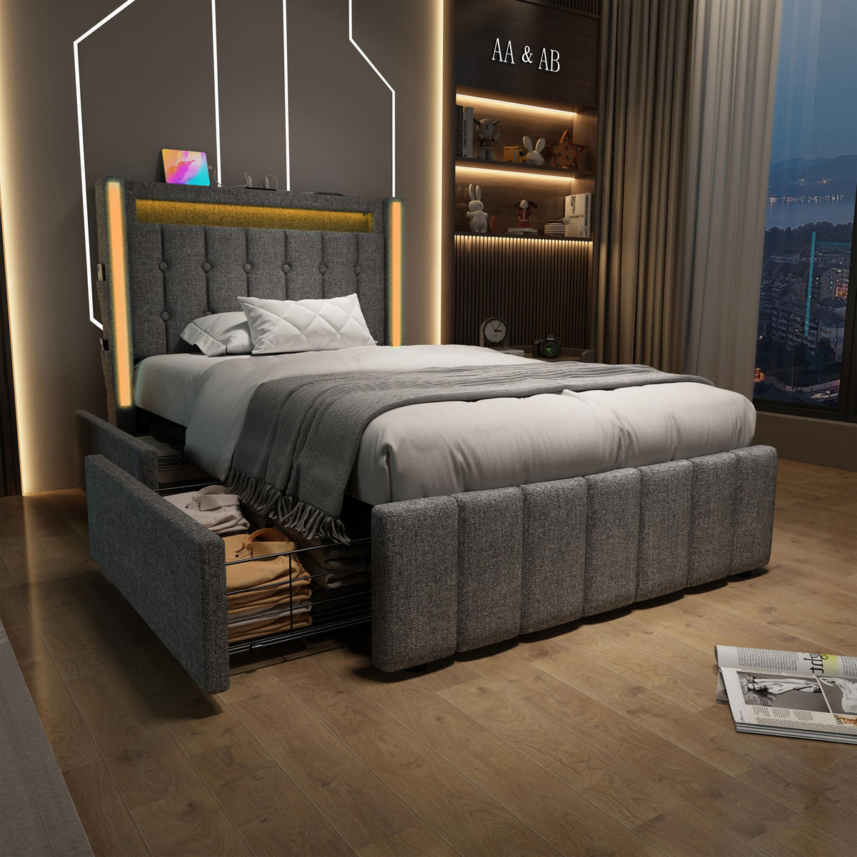 POLSTERBETT 90/200 cm Grau aus Leinen mit USB- und Typ-C-Ladefunktion und LED-Beleuchtung - Grau, Textil (90/200cm) - OKWISH