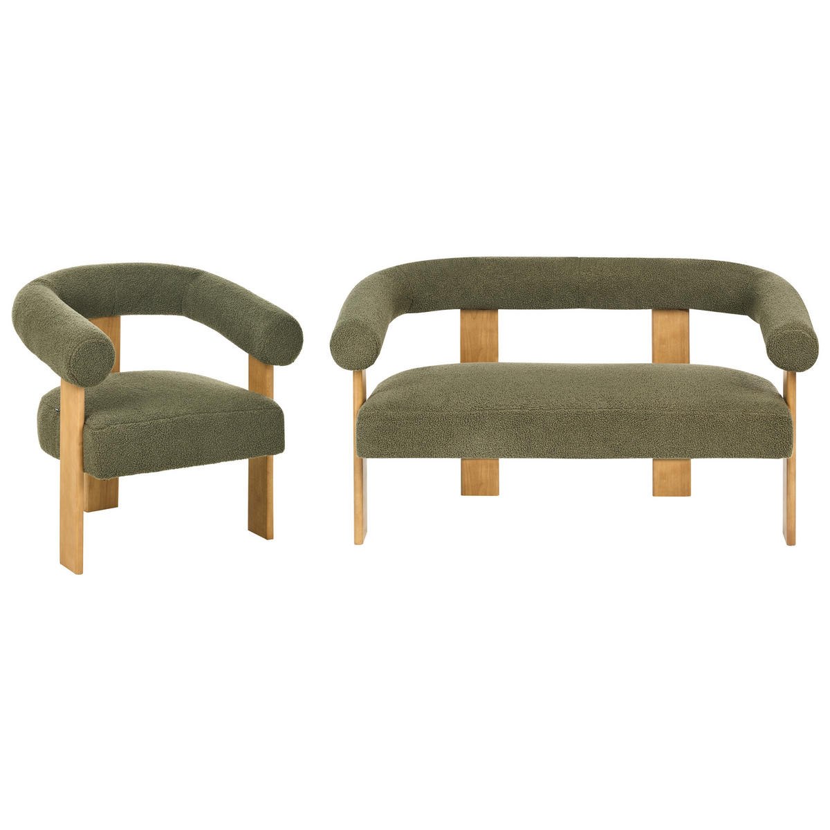 SOFA-SET Bouclé Grün/Hellbraun Ilbro - Olivgrün/Braun, Textil (138/76/68cm) - Beliani