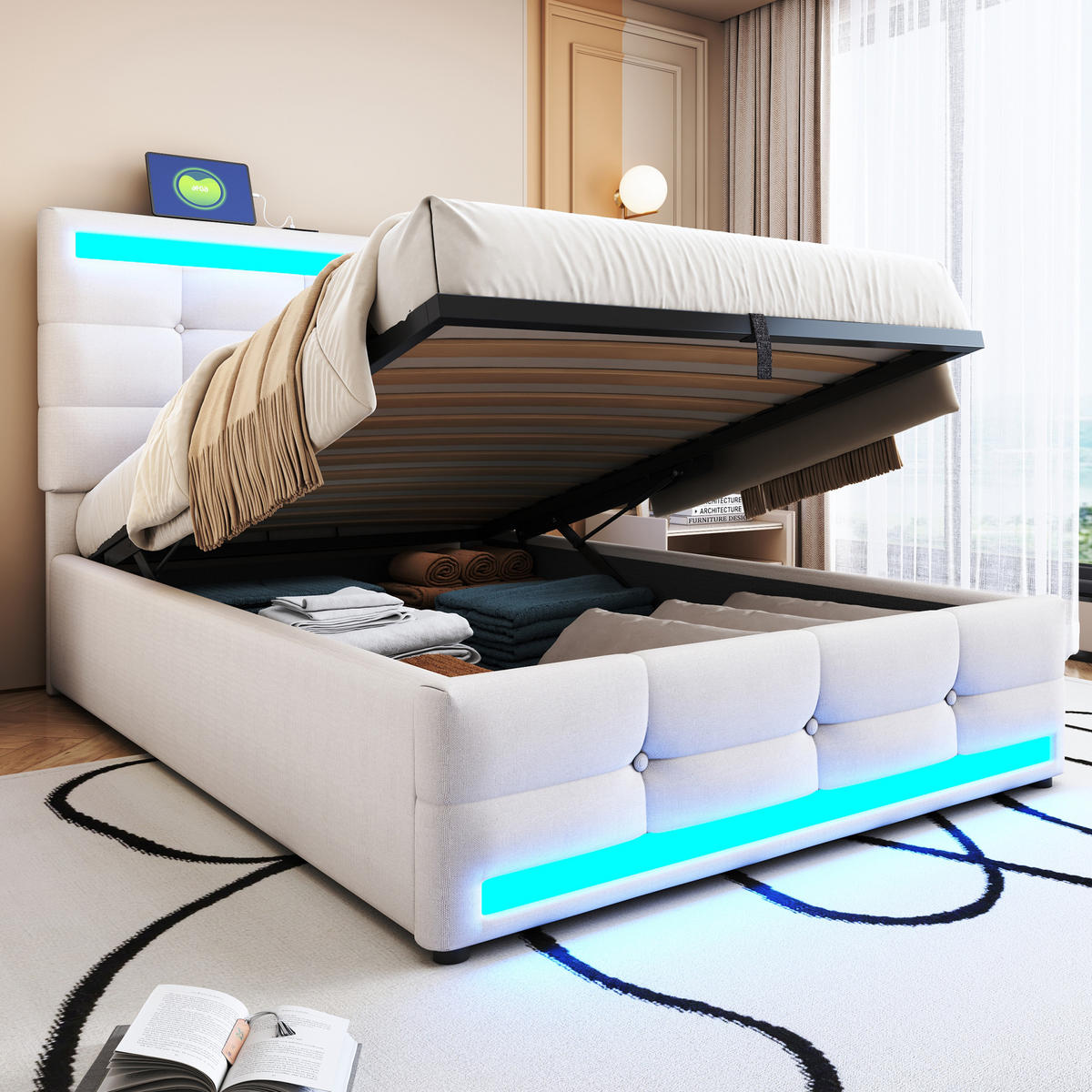 POLSTERBETT 90/200 cm Beige aus Leinen mit Stauraum und LED-Beleuchtung mit USB - Beige, Textil (90/200cm) - OKWISH