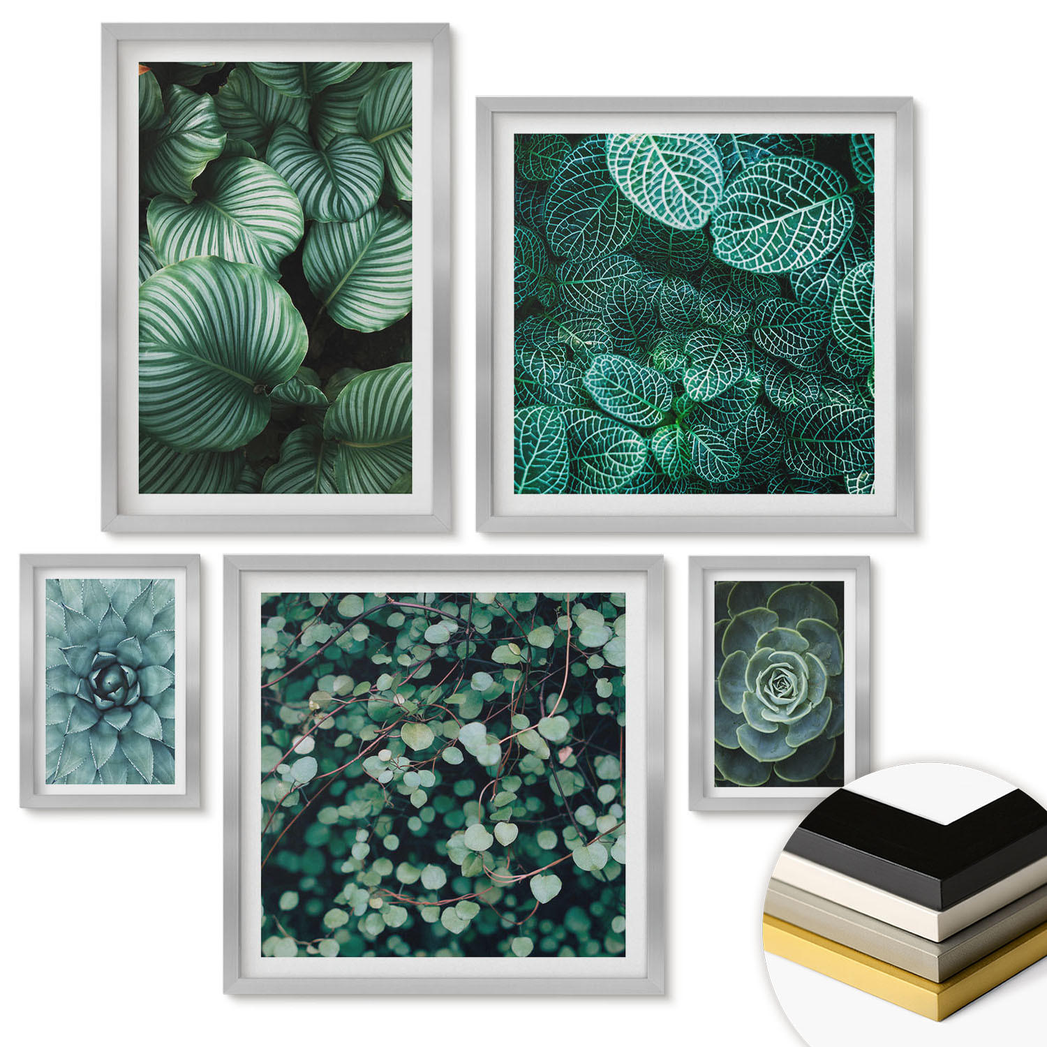 WANDBILDER 5er Set - 50x50 cm & 20x30 cm & 40x60 cm Silberner Rahmen - Meerstrand Zitronen Berge - Silberfarben, Kunststoff (40/60cm) - ArtPrintCave