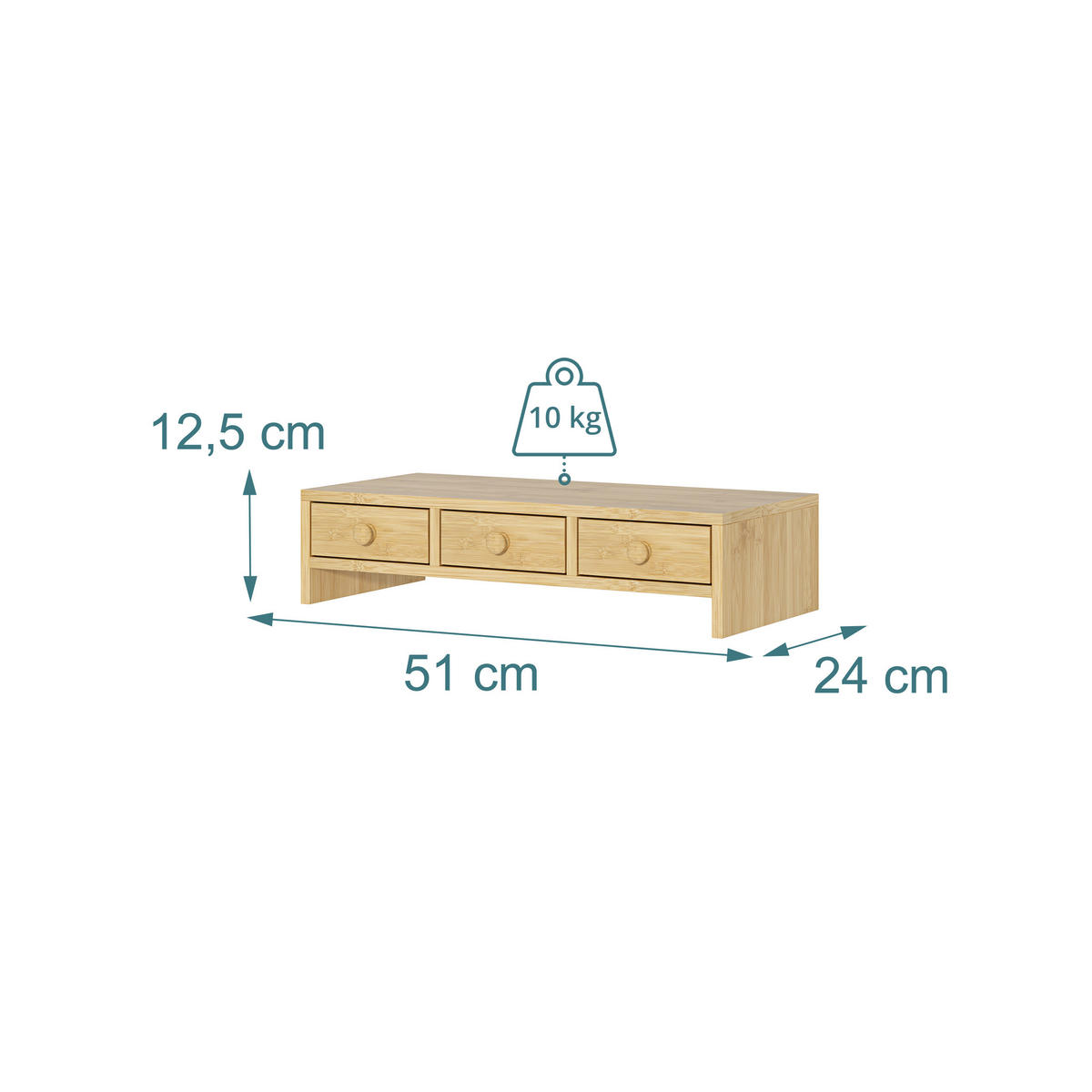 MONITORSTÄNDER Holzoptik MDF 3 Schubladen - Hellbraun, Holzwerkstoff (24/51/12.5cm) - Relaxdays