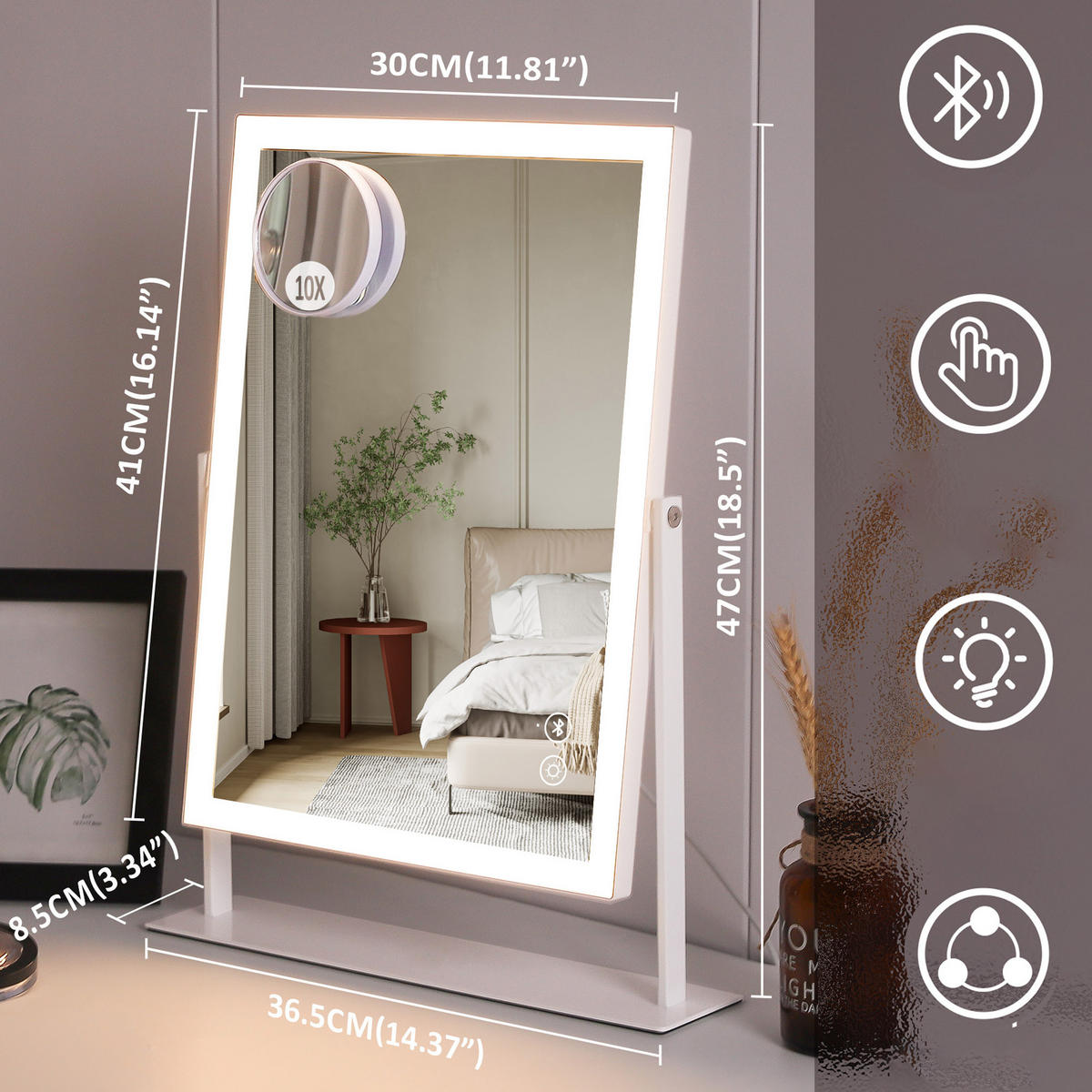 SCHMINKSPIEGEL mit LED Lichtleiste und Bluetooth Weiß 30/41 cm - Weiß, Metall (30/41/3cm) - VANITII