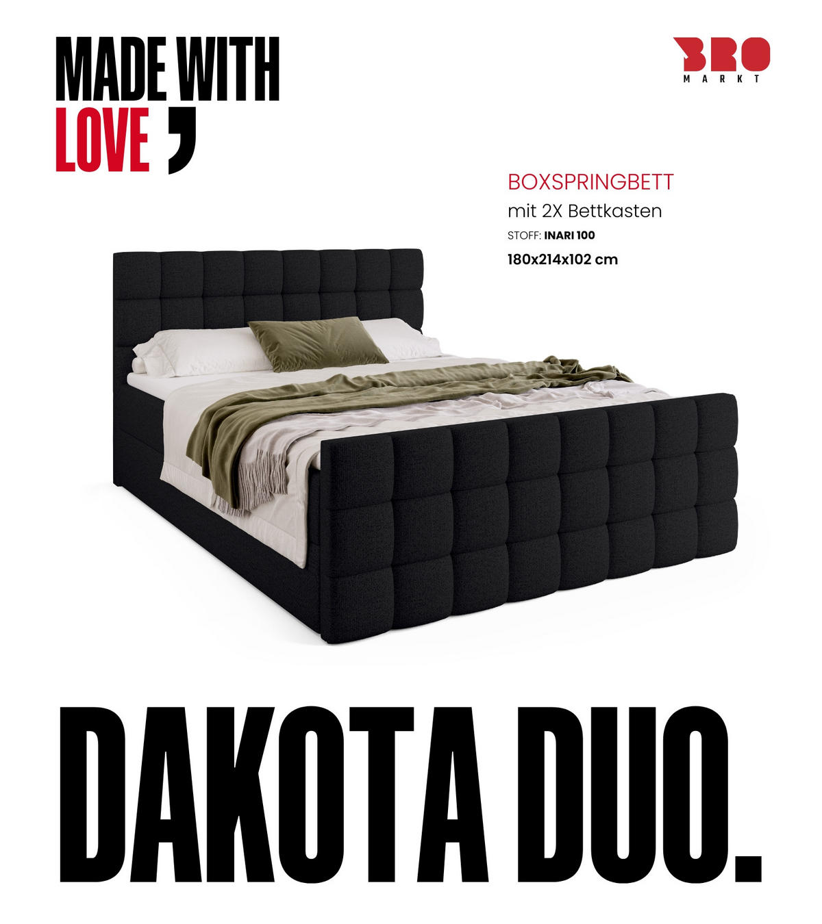 BOXBETT Dakota Duo mit Topper 180/200 Schwarz - Schwarz, Holz/Textil (180/200cm) - Bromarkt