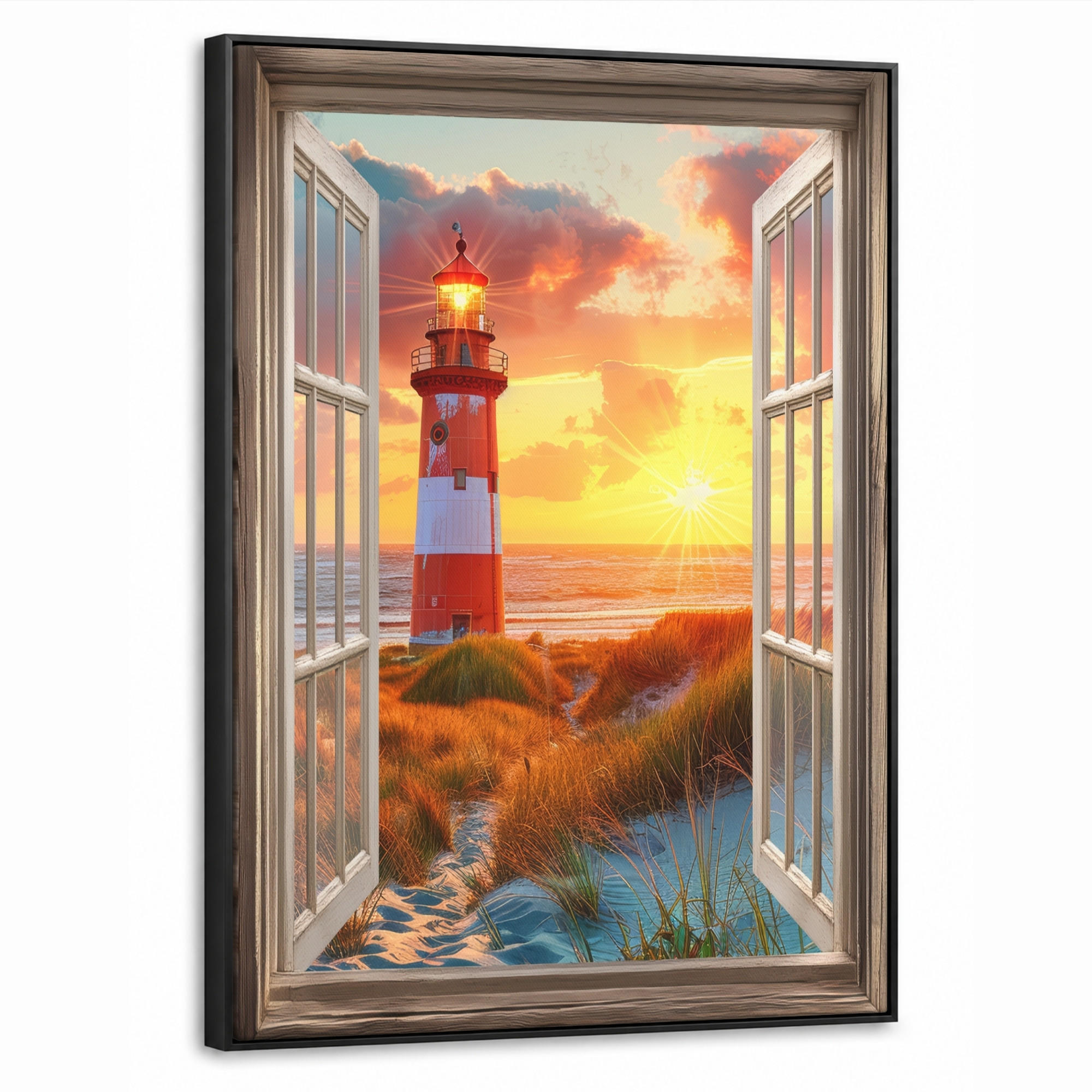 LEINWAND Bilder mit Rahmen - Aussicht - Fenster - Leuchtturm - Sonnenuntergang - Strand - 60x80 - Dunkelorange, Textil (60/80cm) - MuchoWow
