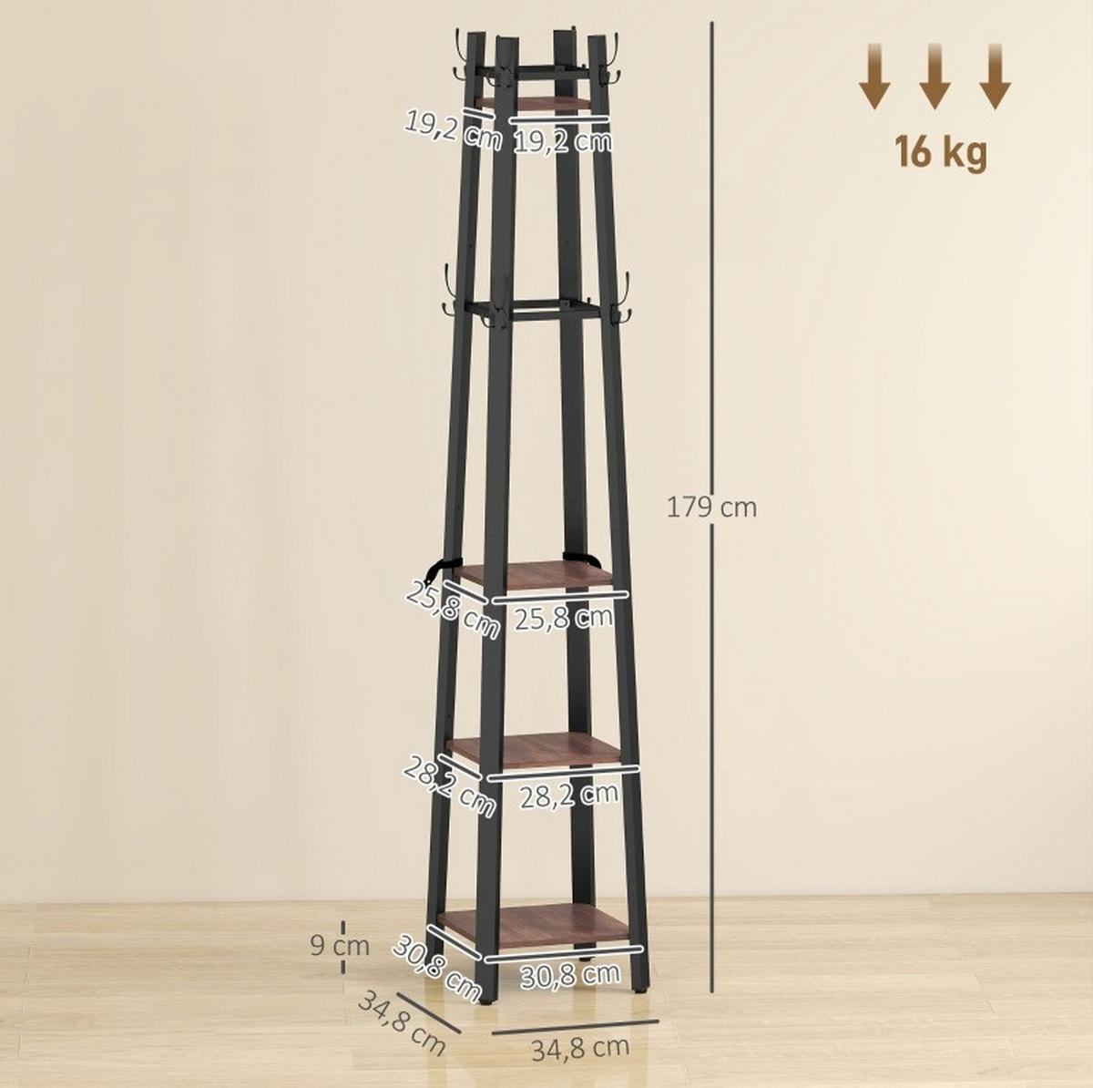 GARDEROBENSTÄNDER mit 8 Haken und 4 Ablagen 34,8 x 34,8 x 179 cm Braun - Braun, Holz (34.8/179/34.8cm) - Beauniv