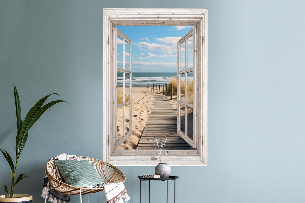 WANDTATTOO Fenster - Meer - Küste - Natur - Ausblick - Strand - Wattenmeer 80x120 cm - Beige, Kunststoff (80/120/0.1cm) - MuchoWow