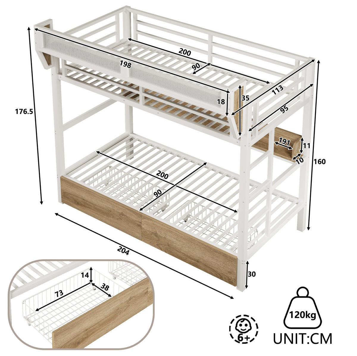 ETAGENBETT 90/200 cm aus Metall und MDF mit LED-Licht und Stauraum Weiß - Weiß, Holzwerkstoff (90/200cm) - Modenvie