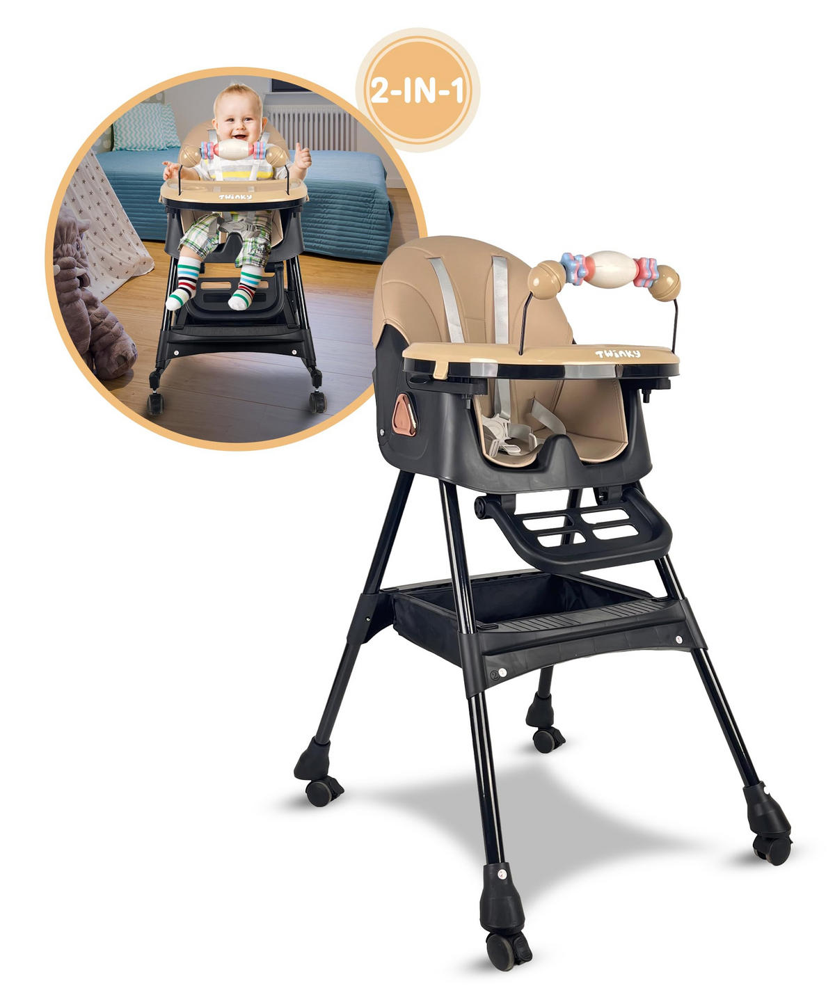 HOCHSTUHL Baby mit Liegefunktion und Tisch Schwarz und Beige - Beige/Schwarz, Kunststoff (54/95/52cm) - Twinky