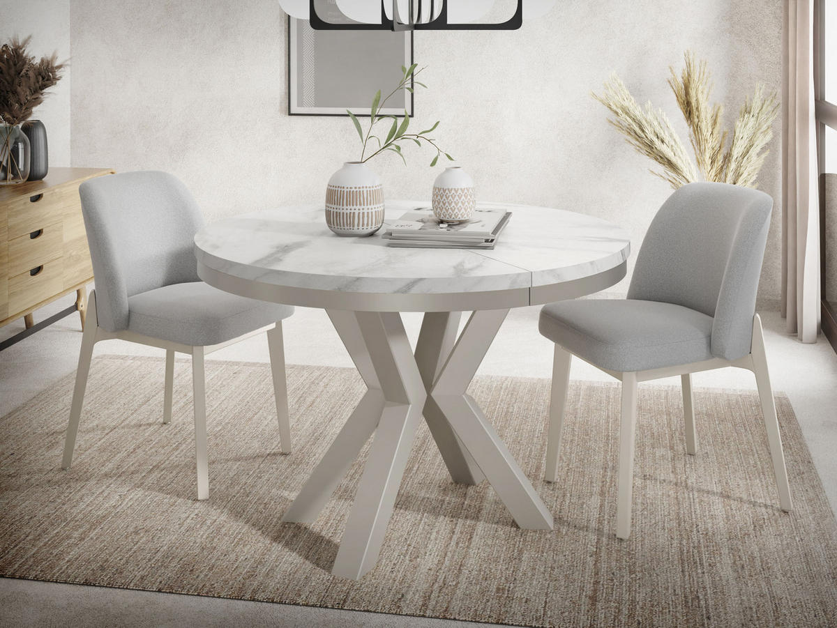 ESSTISCH Clara Grau-Beige runder ausziehbarer, Marmor Weiß 100-180/100/76 cm - Ecru/Grau, Holzwerkstoff/Metall (100/100/76cm) - WFL GROUP