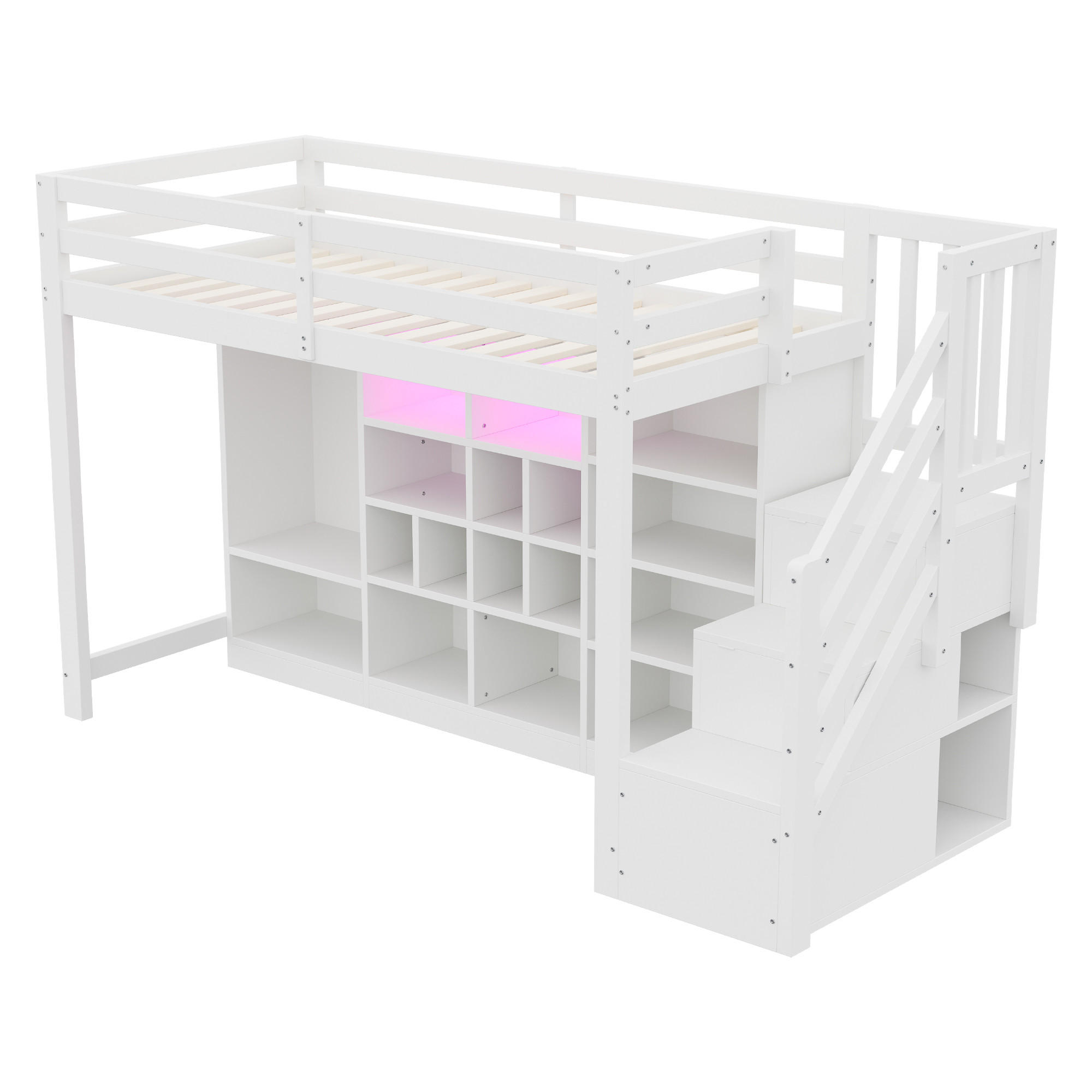 HOCHBETT 90/200 cm DE-01520, in Weiß, mit Stauraumschränken, Kleiderschrank und LED-Beleuchtung - Weiß, Holz (90/200cm) - ComfortXL