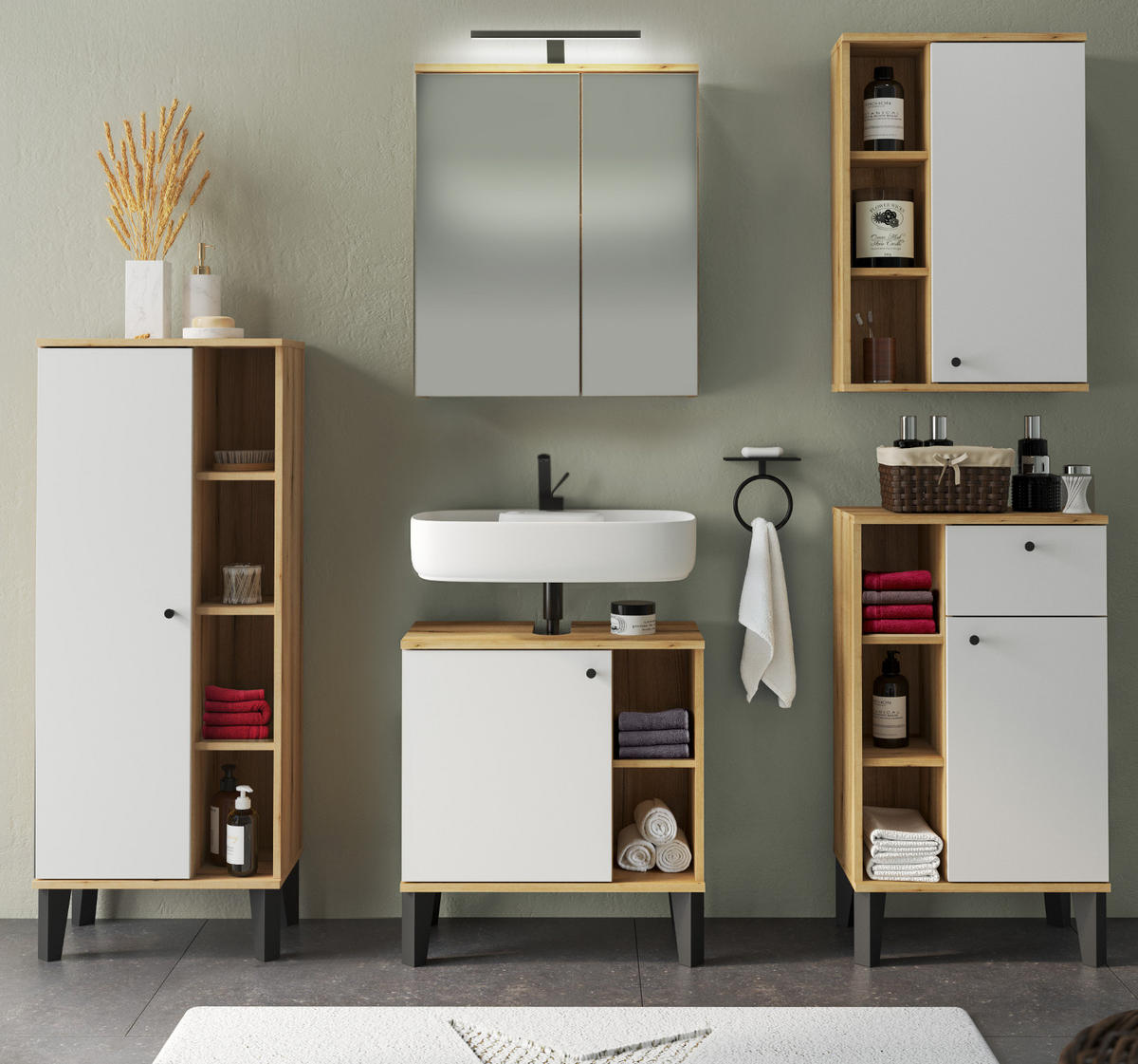 BADMÖBEL-SET 5-teilig weiß, Evoke Eiche, Badkombination, 182 x 190 cm - Eichefarben/Schwarz, Glas/Holzwerkstoff (182/190/33cm) - Furn.Design