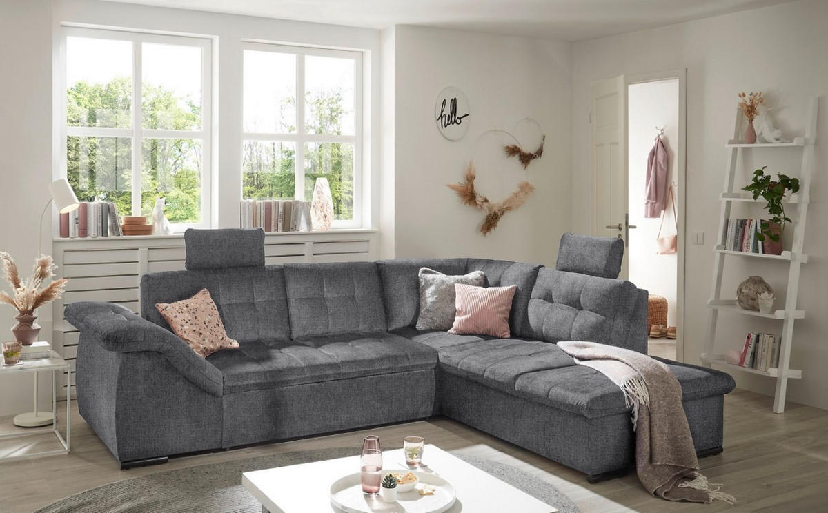 ECKSOFA mit Schlaffunktion und Bettkasten, verstellbare Armlehnen - Anthrazit, Textil (283/217cm) - ed exciting design