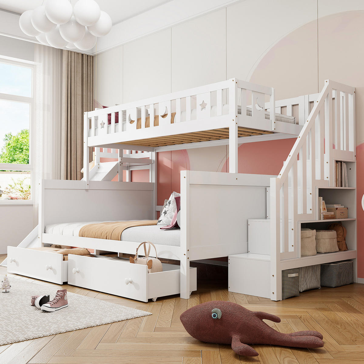 ETAGENBETT 90/200 und 140/200 cm in Weiß mit Rutsche, Leiter und Schubladen - Weiß, Holz (90/140cm) - Flora Grace