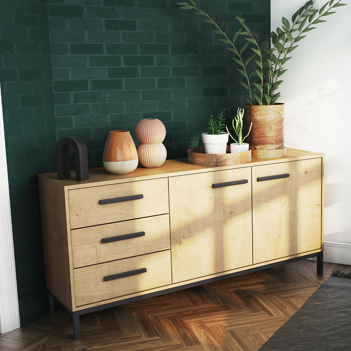SIDEBOARD mit 2 Türen und 3 Schubladen, Dekor Eiche Hamilton und Schwarz matt - L152,5 cm - Apfelbaumfarben, Holzwerkstoff (39.5/72.3/152.5cm) - Calicosy