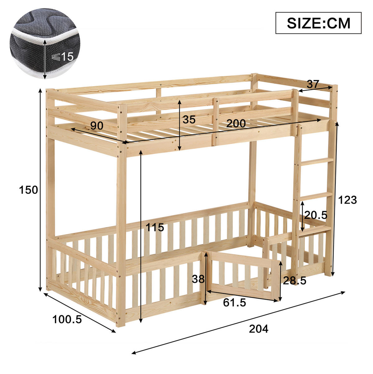 POSCHODOVÁ posteľ z masívneho dreva, 90/200 cm prírodná, s pravouhlými schodmi a dvierkami - prírodná farba, drevo (90/200cm) - BEAOK