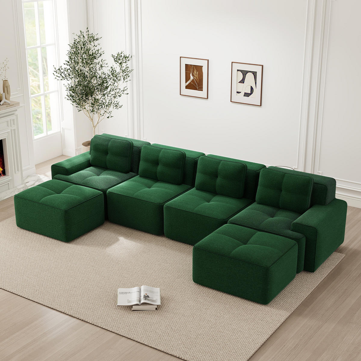 WOHNLANDSCHAFT Beige 382/177/69 cm 4-Sitzer Cordstoff Modular - Grün, Textil (382/69/177cm) - PANGIVO