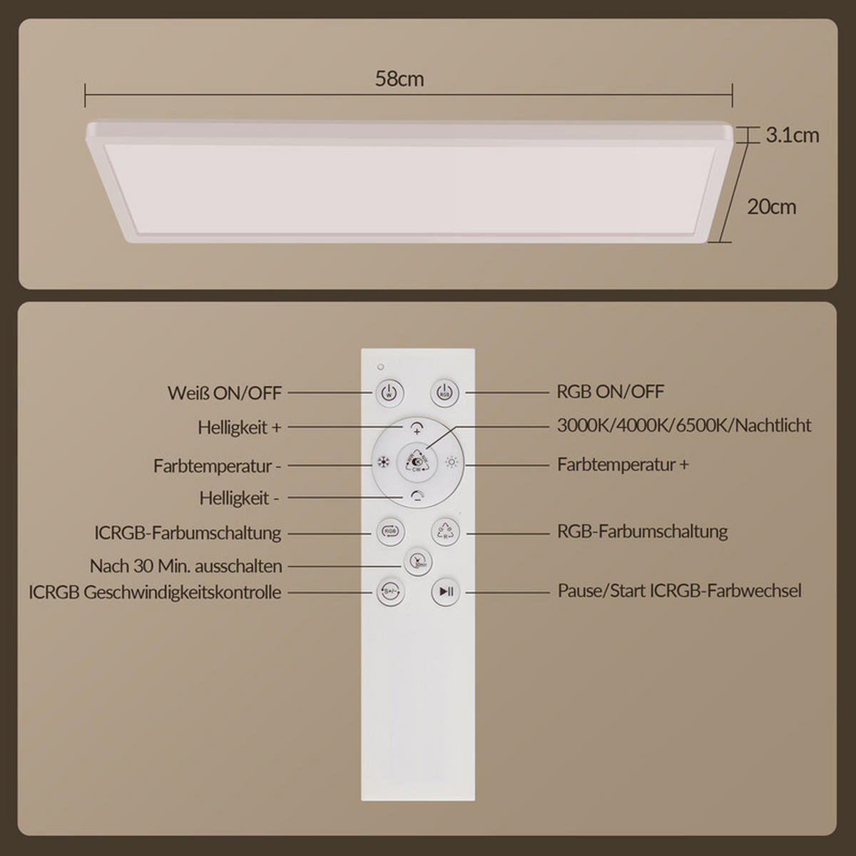 LED stropní světelný panel bílý 20/58/3cm - bílá, plast (58/20/3cm) - Nettlife