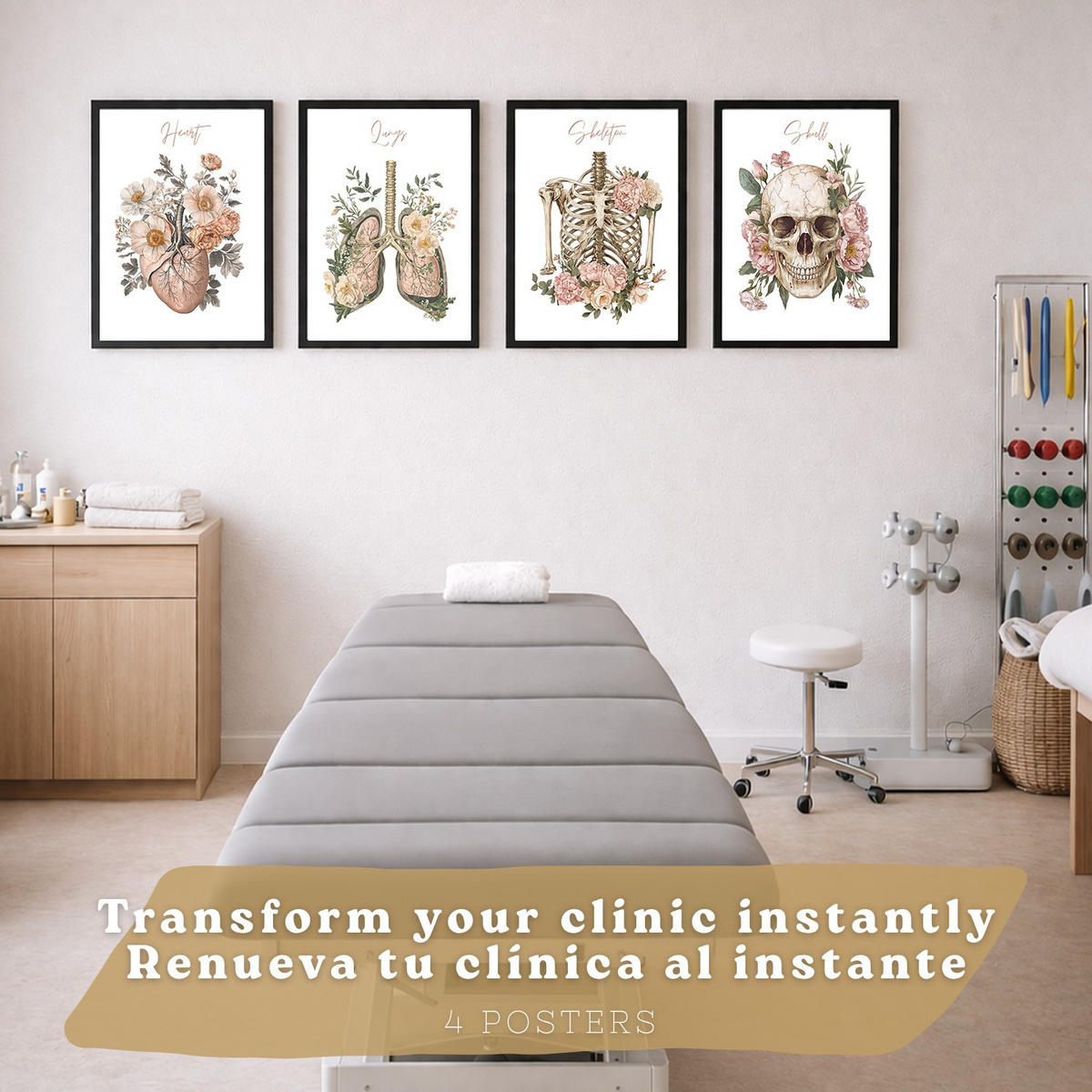 POSTER Set aus 4 Anatomie Mensch Florale Drucke und Wandbilder mit Herz Lungen Skelett und Schädel Stil Wanddekoration Größe Schwarzer Rahmen A3 - Schwarz, Papier (29.7/42/3cm) - Nacnic