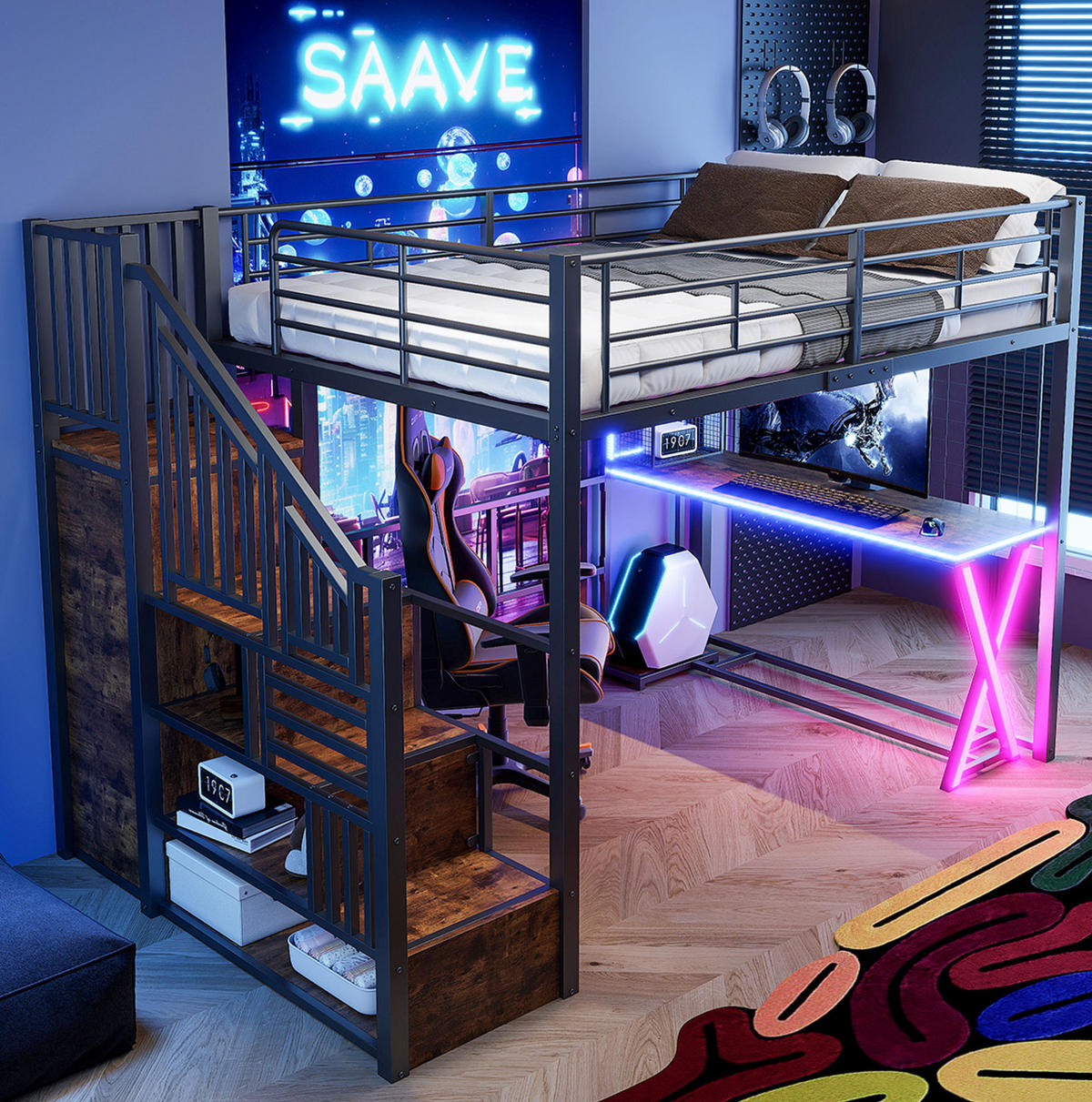 HOCHBETT 140/200 cm Schwarz mit Schreibtisch, LED und Kleiderschrank ohne Matratze - Schwarz, Metall (140/200cm) - MIVRAY