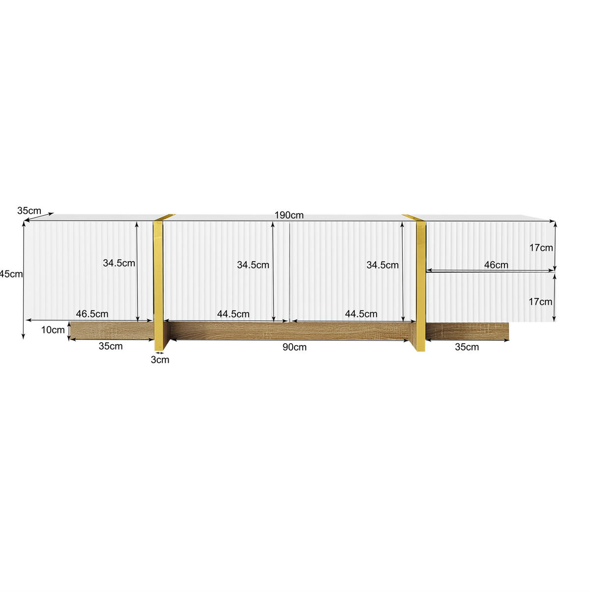 LOWBOARD 190/35/45 cm in Weiß/Gold aus MDF und Spanplatte mit 3 Türen und 2 Schubladen - Weiß, Holzwerkstoff (35/45/190cm) - OKMYHOME