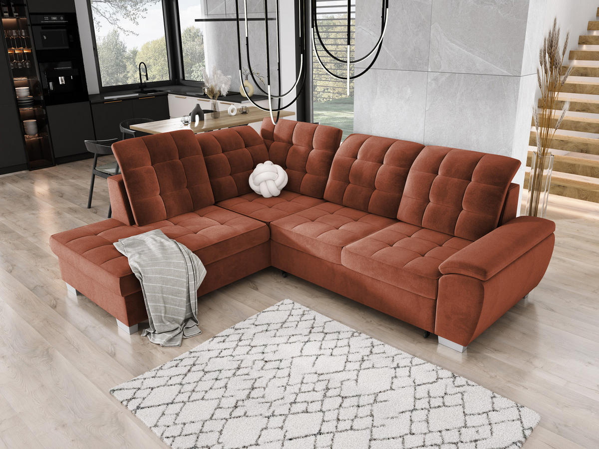 ECKSOFA LOTTA SALVADOR Bettkasten verstellbare Kopfstützen hochwertige Verarbeitung lose Rückenkissen freistehend LINKS 212x258x106 cm Bordeaux - Bordeaux, Holz/Textil (212/258cm) - DomoHome
