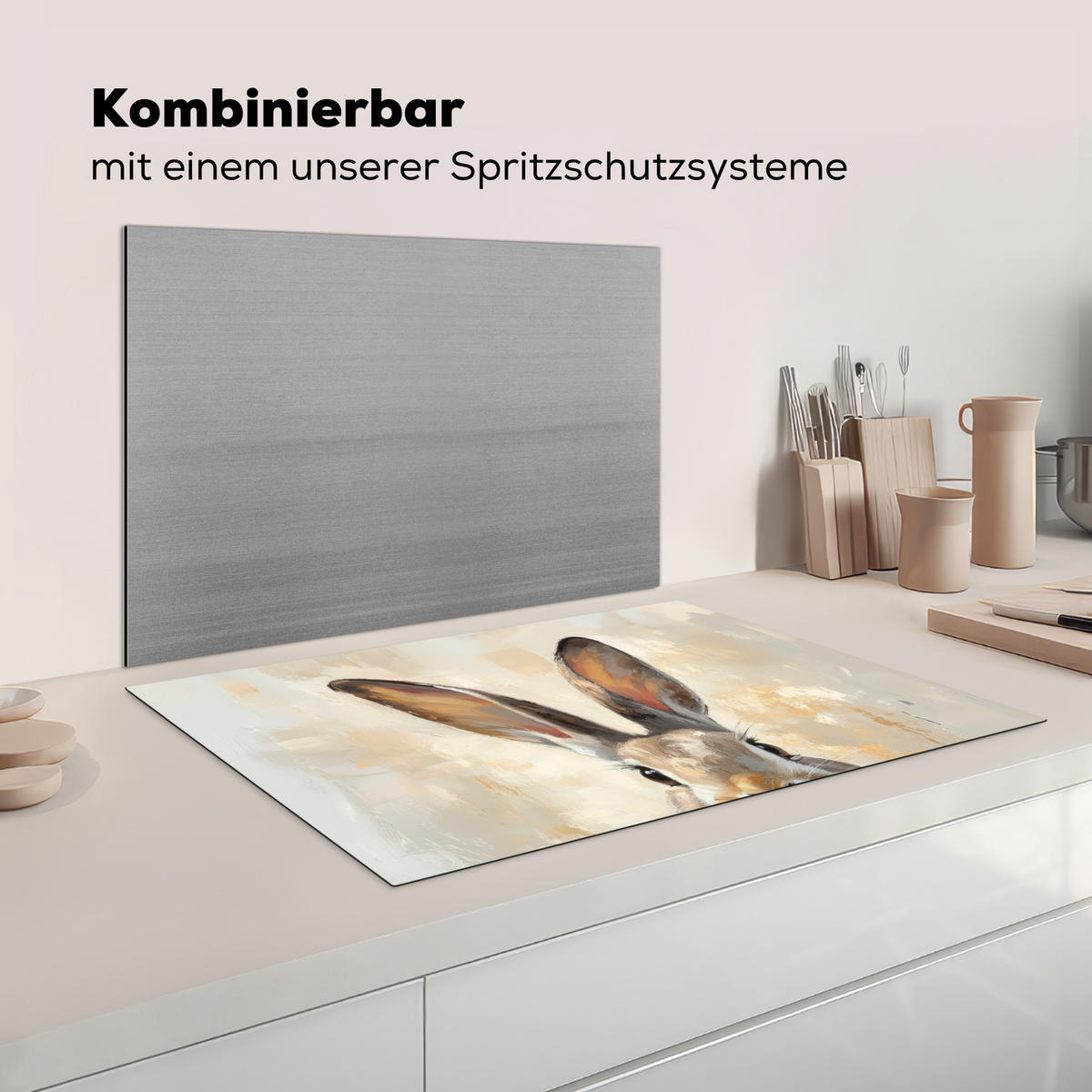 HERDABDECKPLATTE Hase - Ohren - Braun Ceranfeldabdeckung 80x52 cm - Beige, Kunststoff (80/52/0.2cm) - MuchoWow