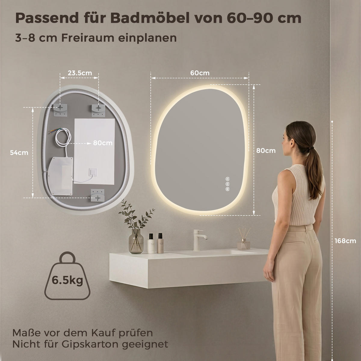 BADSPIEGEL mit Beleuchtung 60/80 cm asymmetrisch rahmenlos LED dimmbar mit Antibeschlag - Transparent, Glas (80/60/2.5cm) - S'AFIELINA