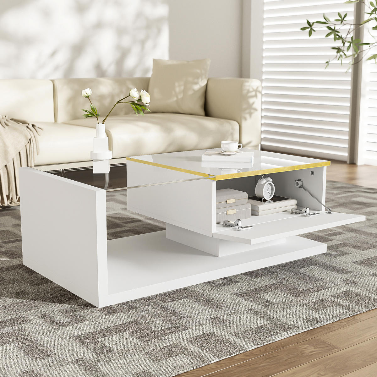 COUCHTISCH 90 cm Hochglanz LED weiß - Weiß, Holzwerkstoff (50/90/32.5cm) - LEBENLANG