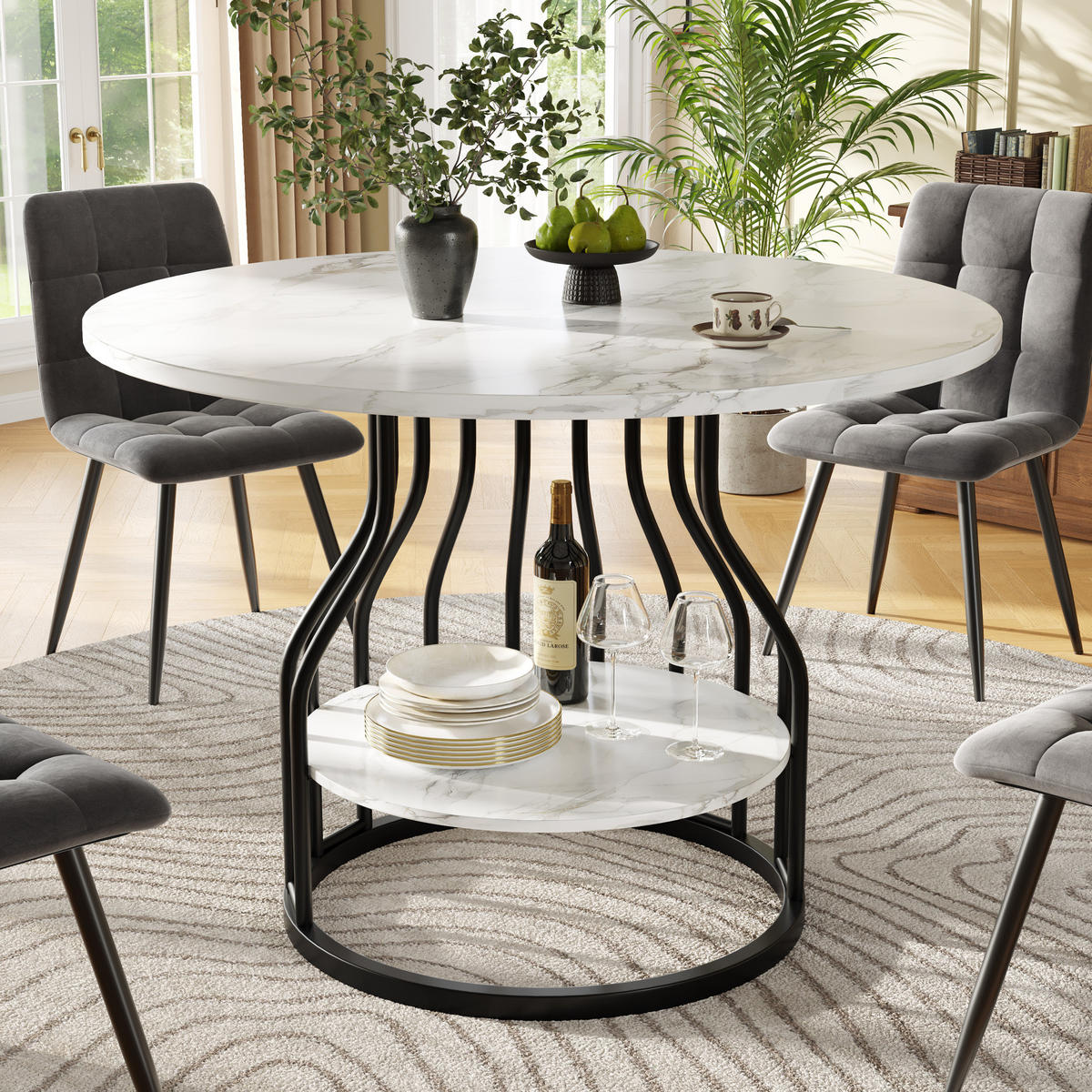 ESSTISCH aus MDF in Marmoroptik mit Ablagefläche, 80/80/76 cm, Schwarz - Schwarz, Holzwerkstoff (80/80/76cm) - Redom
