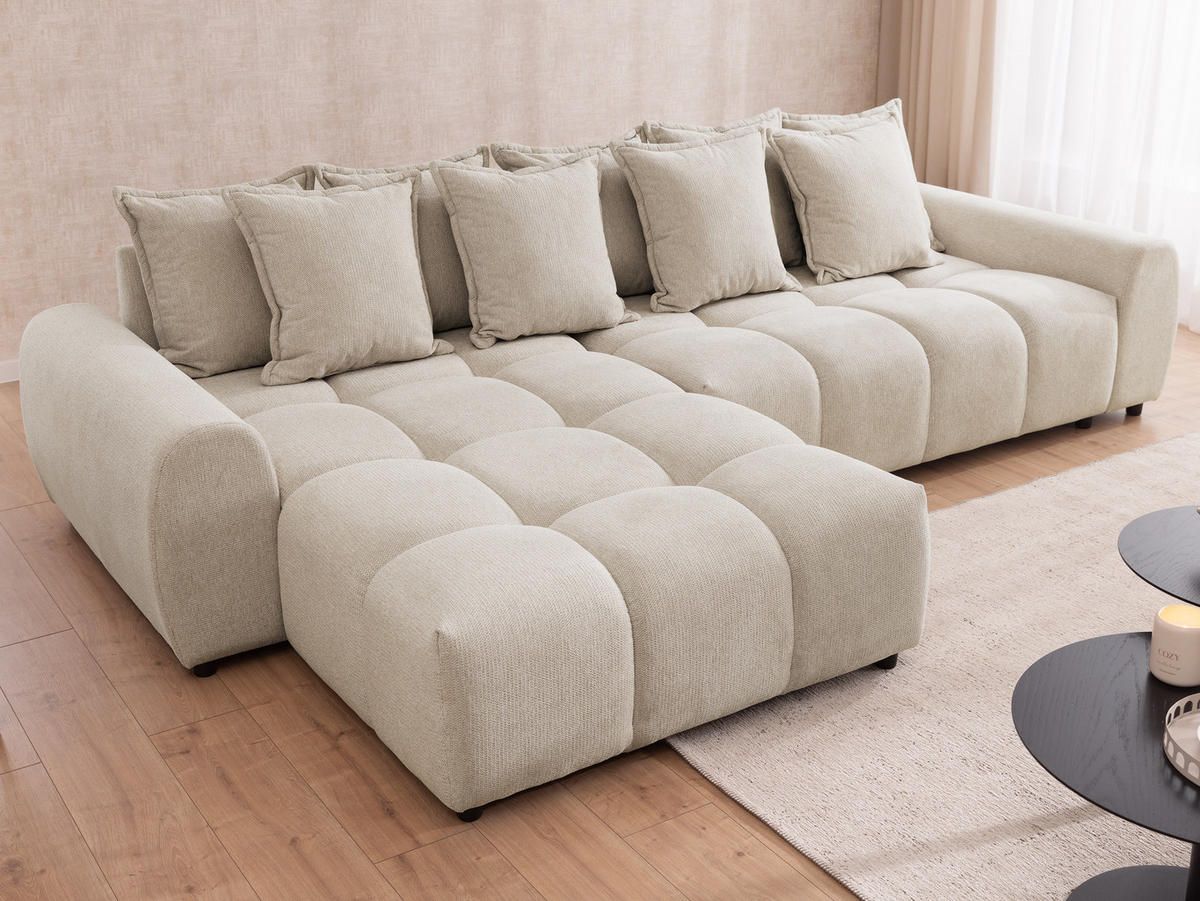 ECKSOFA Bubble mit losen Rückenkissen und Sitzfläche in Bubble-Optik aus weichem Hellbeige Strukturstoff mit schöner Sitzkomfort - Ottomane links - Beige/Schwarz, Holz/Kunststoff (180/306cm) - S-Style Möbel