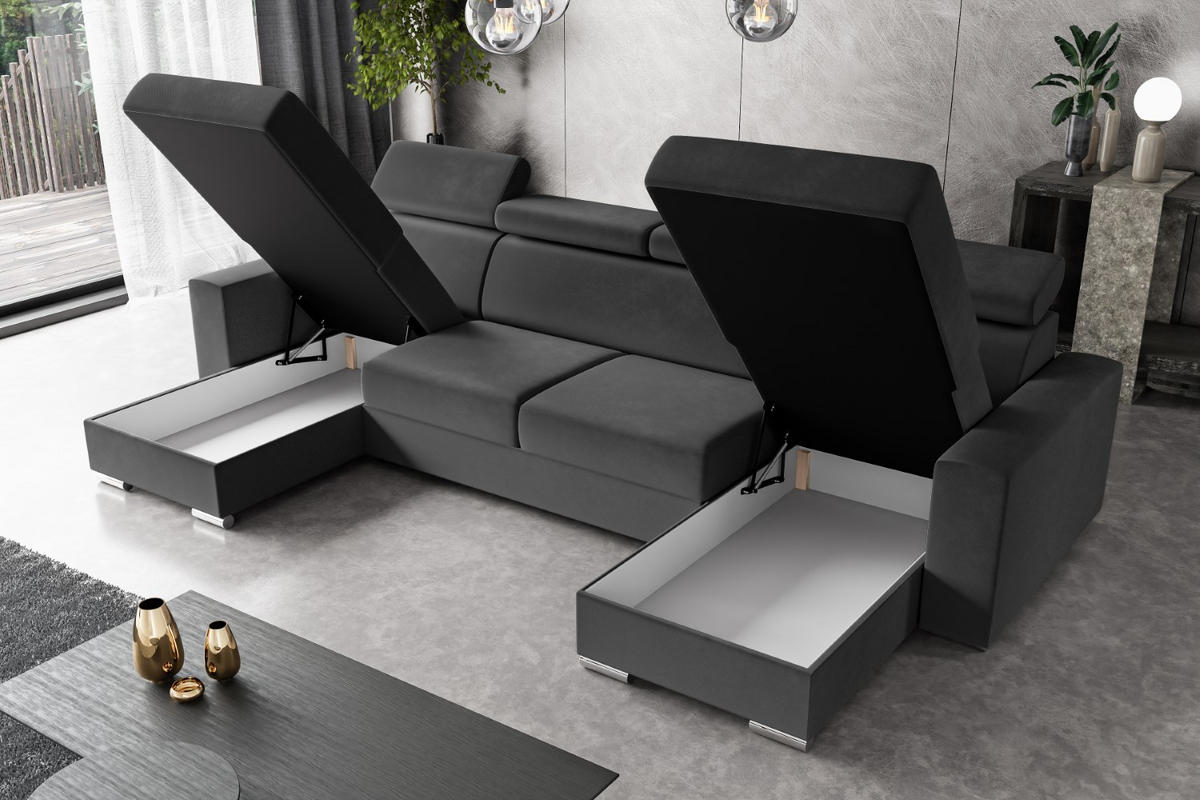 ECKSOFA in U-Form mit Schlaffunktion und Bettkasten Corner Sofa Bett Eckcouch Schlafcouch Ausziehbar FIX-U 306x168 cm Dunkelgrau - Dunkelgrau, Holzwerkstoff/Kunststoff (306/79/168cm) - ALTDECOR