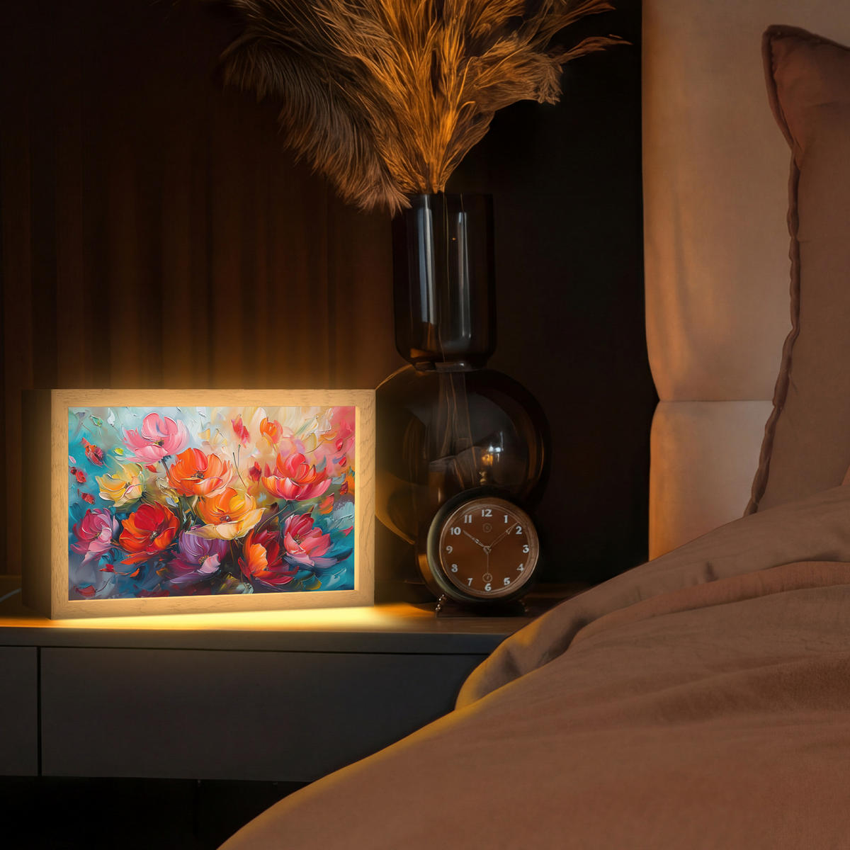 STOLNÍ LAMPA Květiny - barevné - malba - abstraktní - umění 30x20 cm - barva hliníku, kompozitní dřevo (8/30/20cm) - OnlyWow