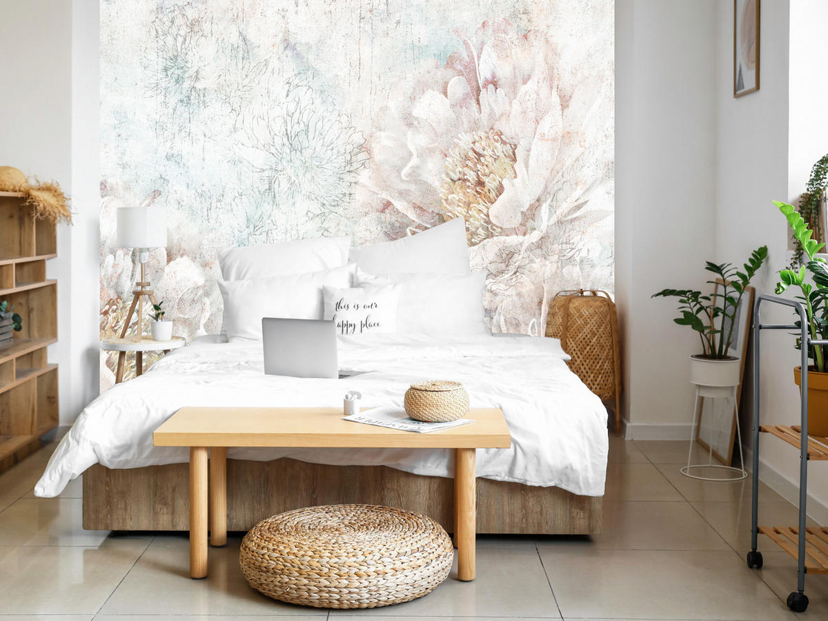 FOTOTAPETE für Büro Pfingstrosen Blumen Beton Vintage 150x105 - Gelb/Rosa, Papier (150/105cm) - Muralo