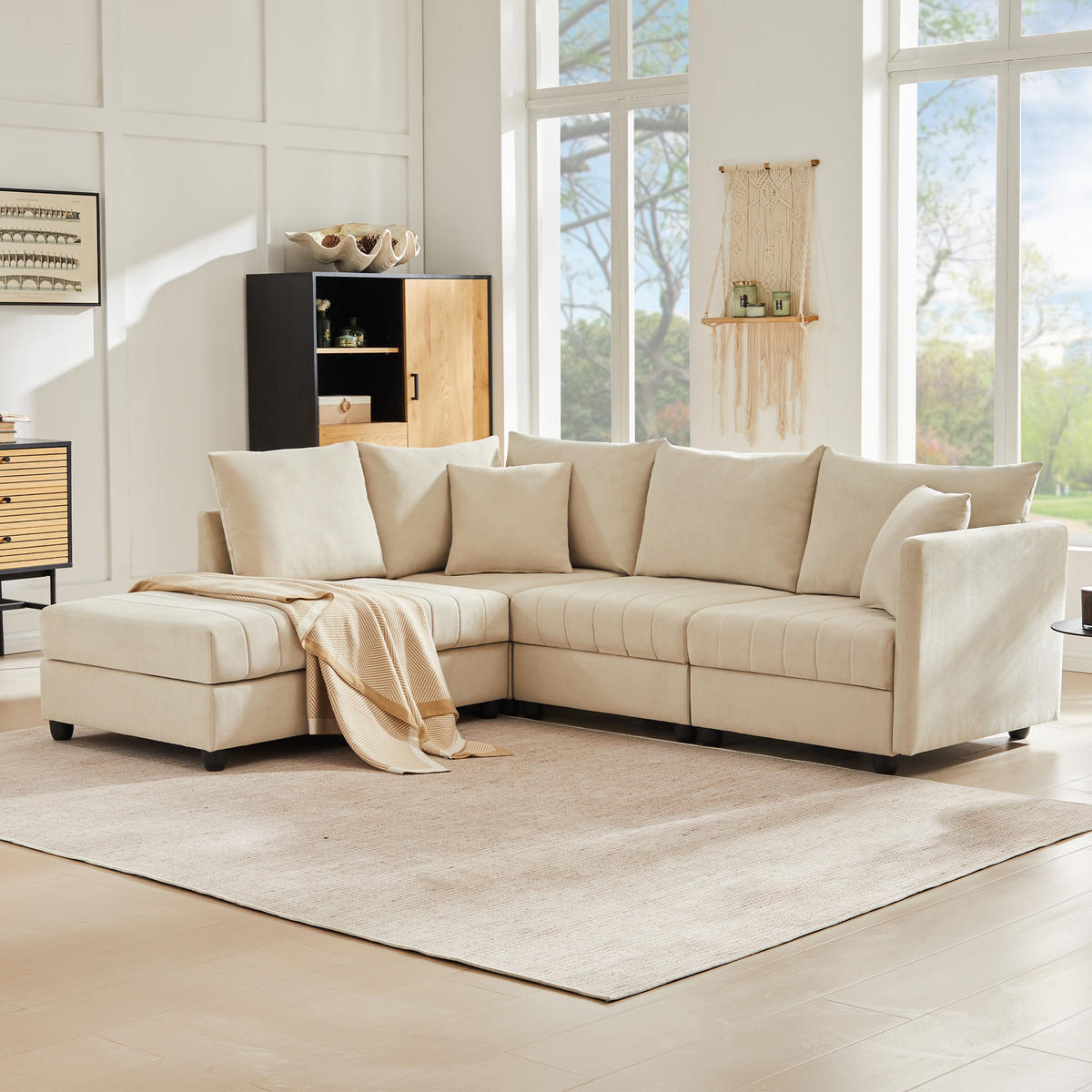 ECKSOFA 220/194/85 cm Beige aus Baumwoll-Leinen mit Ottomane - Beige, Textil (194/220cm) - OKWISH