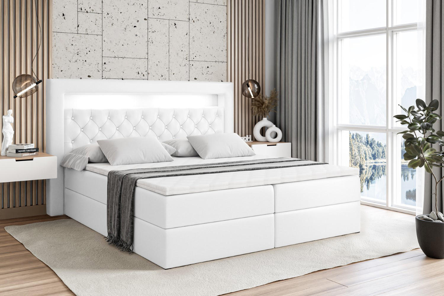 BOXBETT LED mit H3-Matratze und Lattenrost - NOEL GOLD - 180x200 Weiß Hochglanz - Weiß Hochglanz, Holzwerkstoff (180/200cm) - ALTDECOR