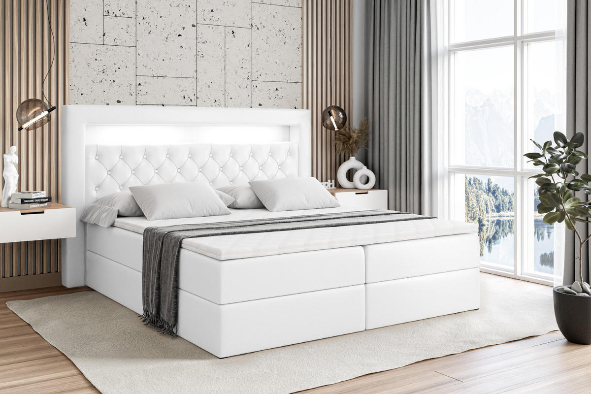 BOXBETT LED mit H3-Matratze und Lattenrost - NOEL GOLD - 180x200 Weiß Hochglanz - Weiß Hochglanz, Holzwerkstoff (180/200cm) - ALTDECOR