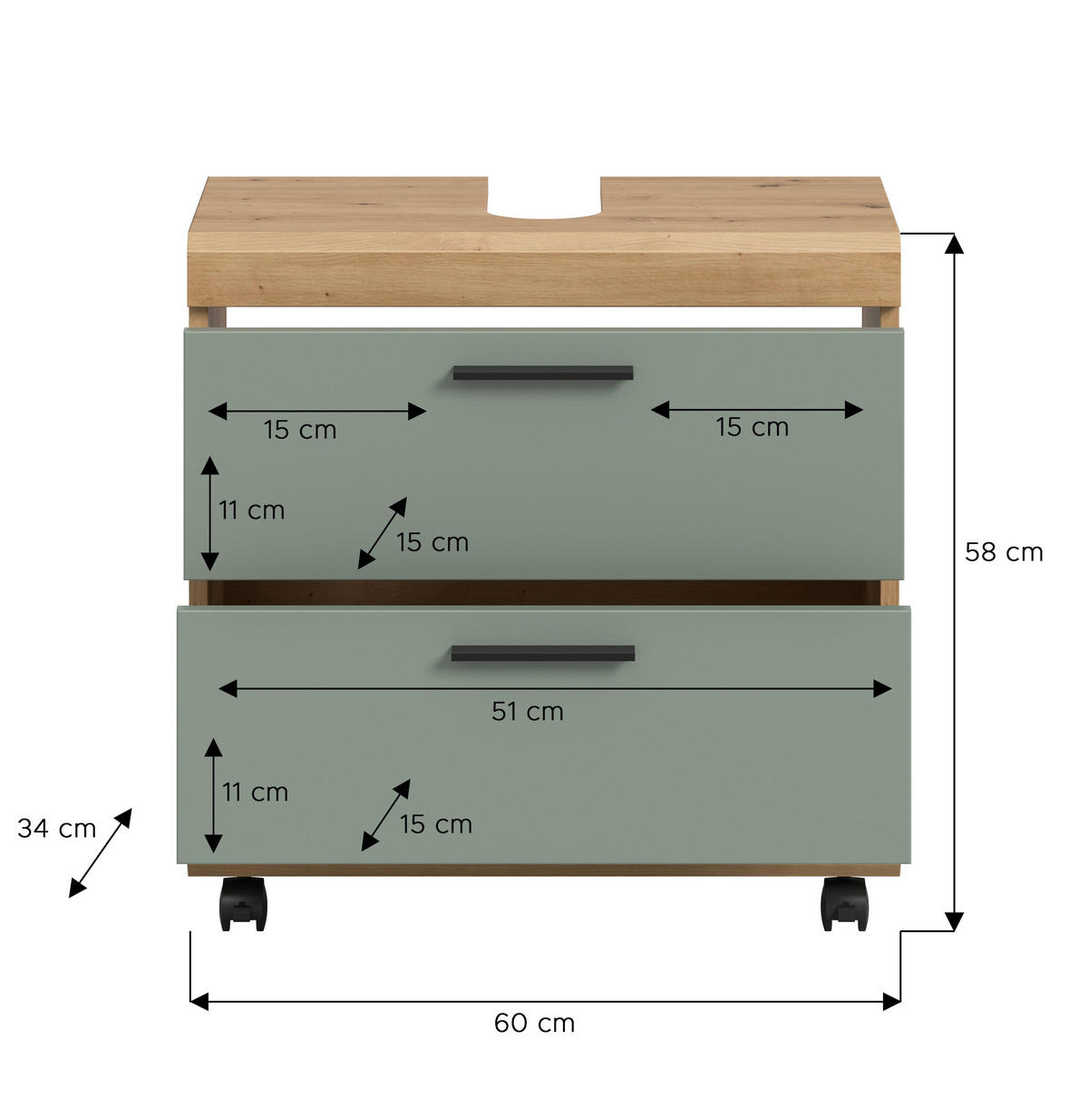 WASCHBECKENUNTERSCHRANK auf Rollen SCOUT (B/H/T: ca. 60/60/34 cm) in Artisan Eiche Nachbildung/Salbei - Eiche Artisan, Holzwerkstoff (60/60/34cm)