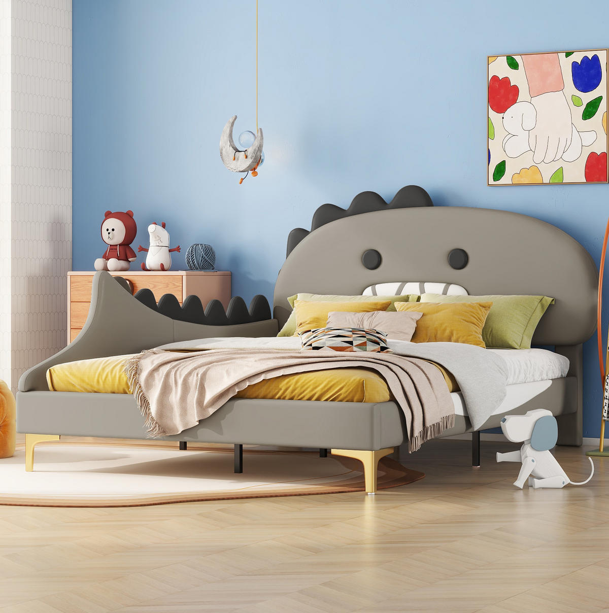 KINDERBETT aus PU 140x200 cm Grau mit Dinosaurier-Kopfteil und pflegeleichter Oberfläche - Grau, Leder (140/200cm) - Modfu